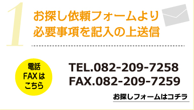 1.お探し依頼フォームより必要事項を記入の上送信　TEL:082-209-7258 FAX:082-209-7259