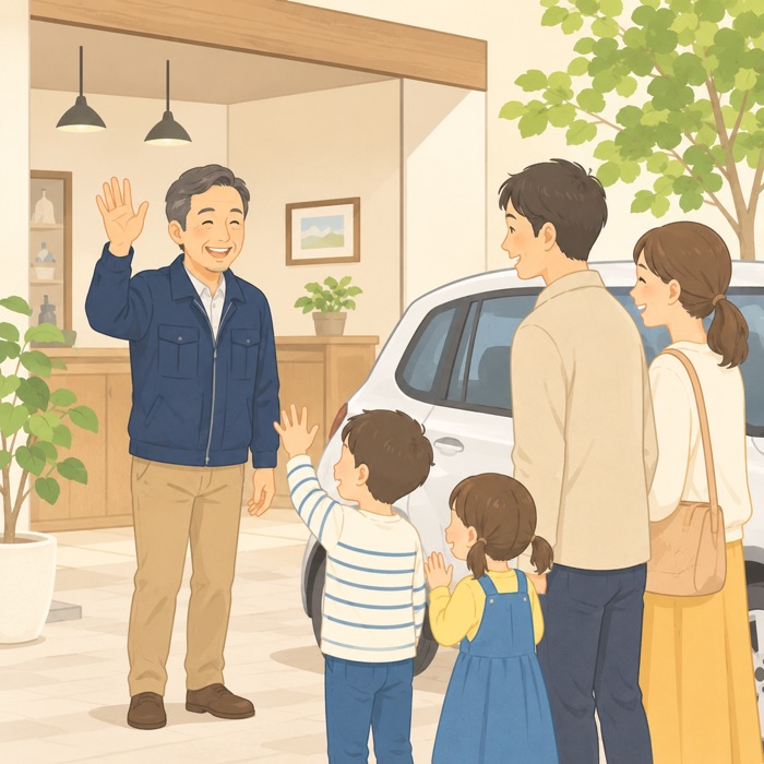 家族を笑顔で迎える店主のイラスト